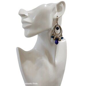 Vintage Style Teardrop Earrings‎ With Blue & Gold Beads